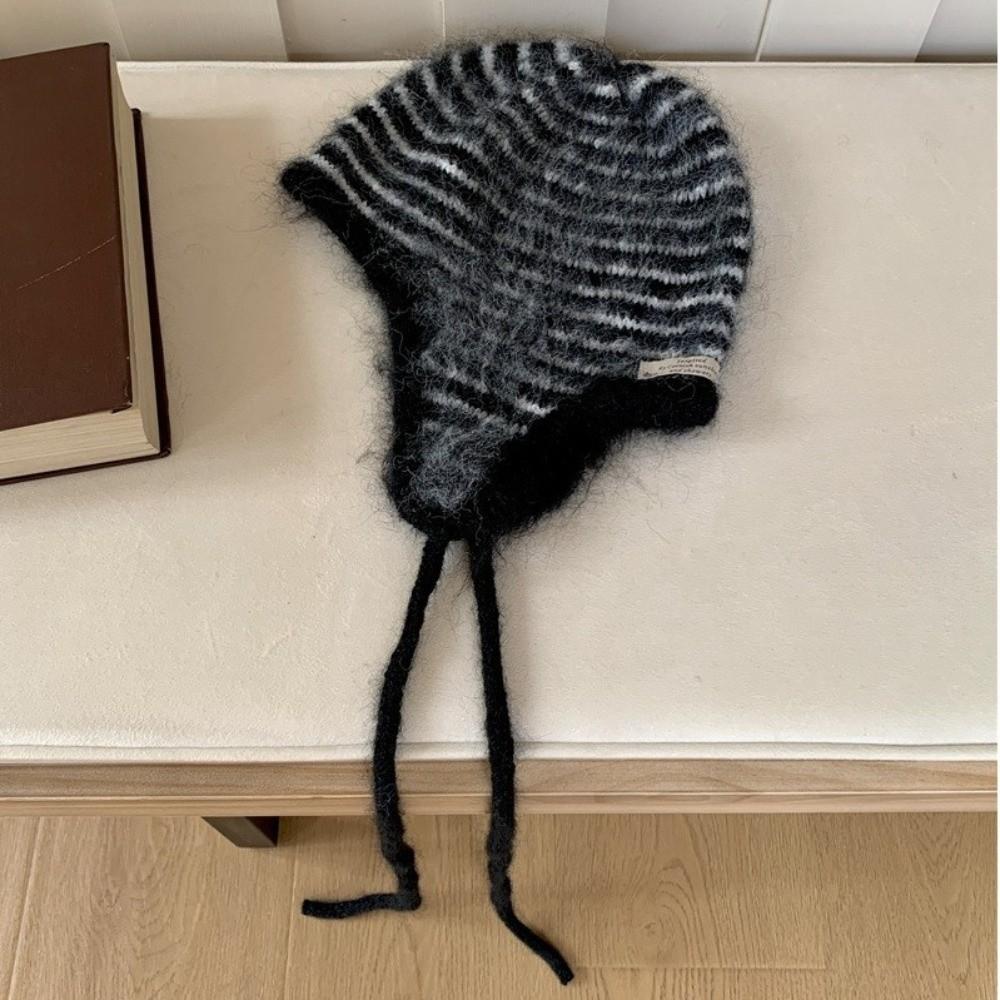 Colorful Earflap Knitted Hat Striped Baggy Beanie Hat Fashion Striped Balaclava for Outdoor Ski