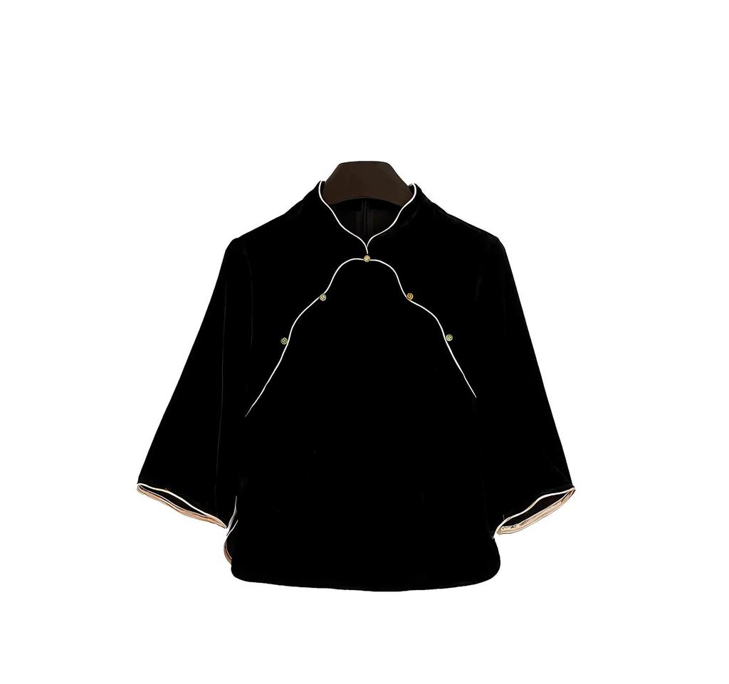 New Chinese Style Gold Velvet Mulberry Silk Women's Autumn Black Base Top Shirt