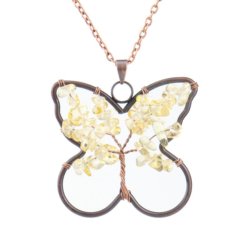 Vintage Handmade Wrapped Butterfly Tree Of Life Necklace Gravel Crystal Pendant N77 цитриновый