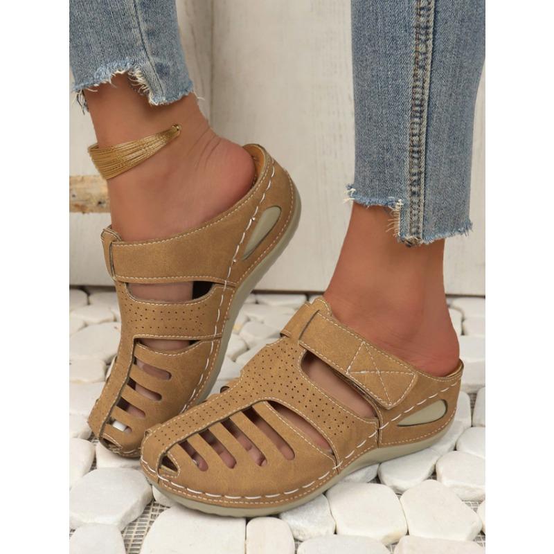 

Baotou slope heel slippers women s hollow strip Velcro design shoes casual rear hollow slope heel sandals 35