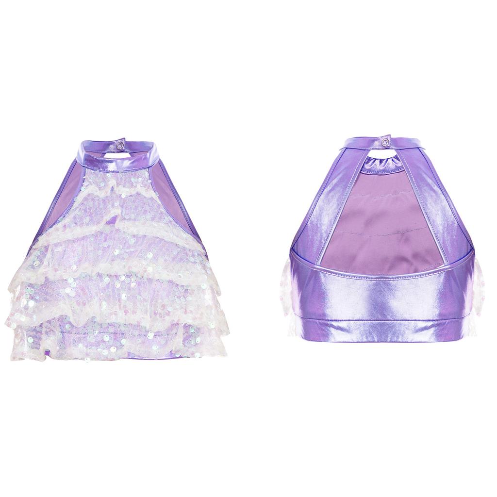 Kids Girls Shiny Sequins Tiered Sleeveless Tank Top Modern Dance Costumes Gymnastic Dancewear