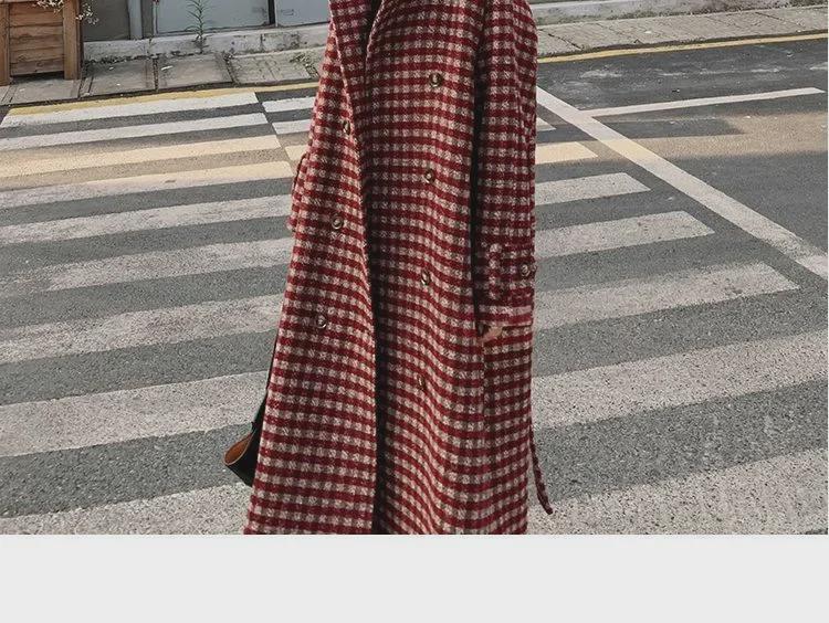 Women's 2024 Plaid Woolen Coat: Korean Style, Mid-Length, Slim Waist with Pockets, Thick for Winter