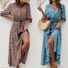 Sommer Damen Kleid Siebter Ärmel Kordelzug Taille Bohemian Casual Urlaub Strandkleider