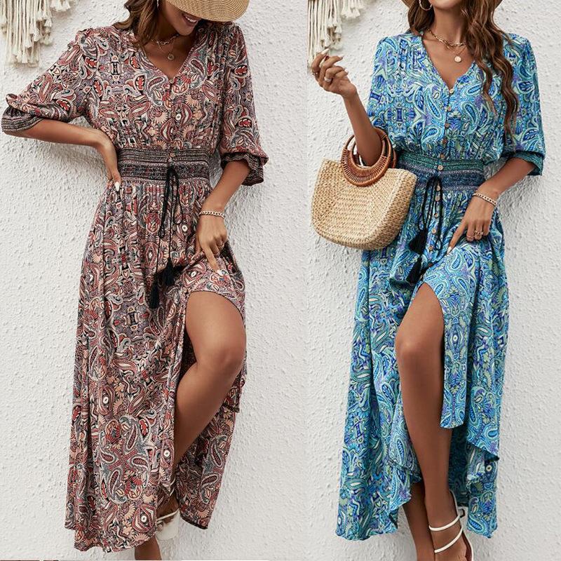 Sommer Damen Kleid Siebter Ärmel Kordelzug Taille Bohemian Casual Urlaub Strandkleider