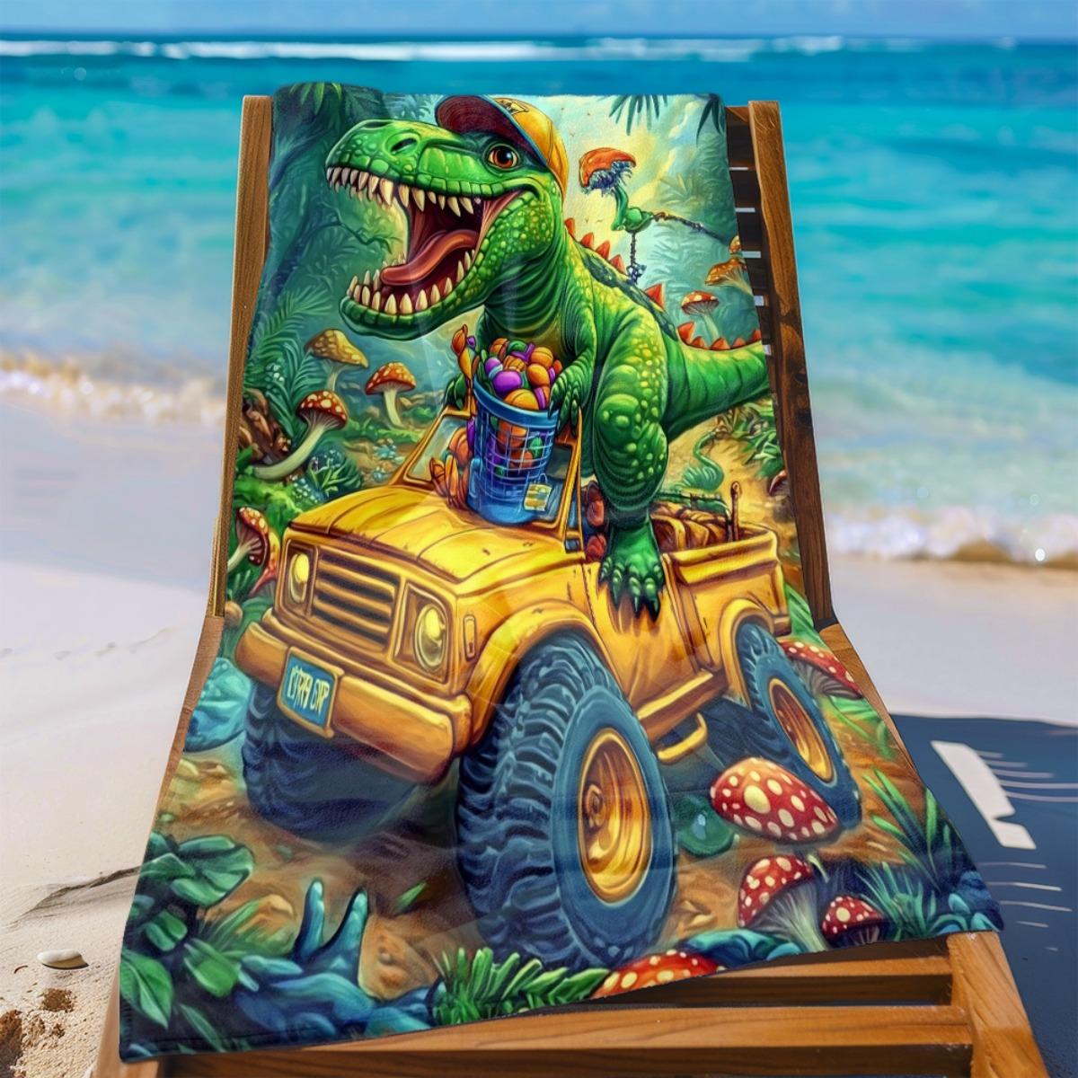 

Green Dinosaur Monster Truck Beach Towel, Vibrant Graphic Art Quick-Dry Sand-Free Microfiber Bath Towel for Kids, Swim and Camp W30*H60(CM)