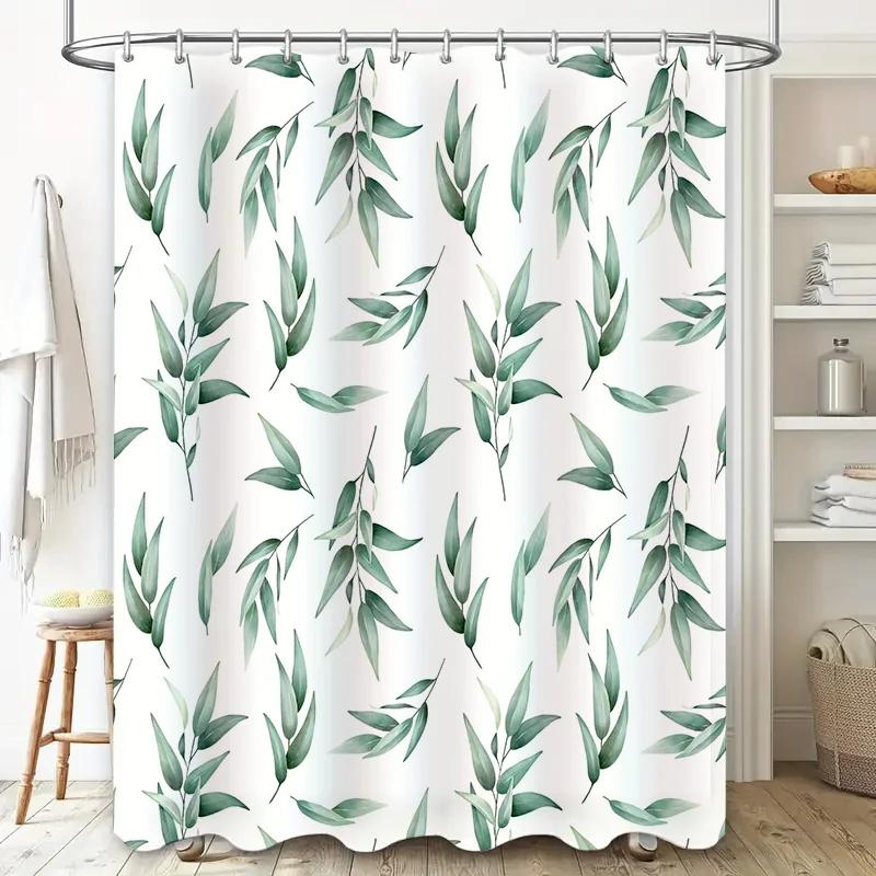 Watercolor Green Leaves Shower Curtain Waterproof Bath Rug Decor Modern Home Decoration 3D Printed Polyester Fabric White Green