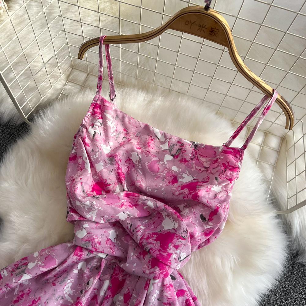 Beach Vacation Strapless Floral Camisole Dress  A Line Slim  Sleeveless Backless Dress for Summer