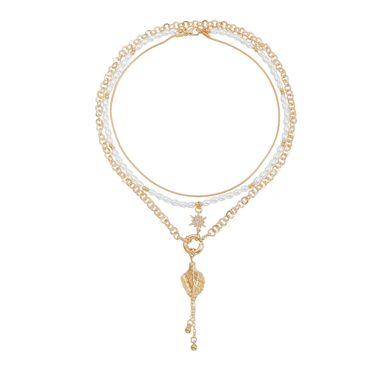 

Tassel Metal Leaf Necklace Inlaid Rhinestones Personality Design Pearl Necklace золотой
