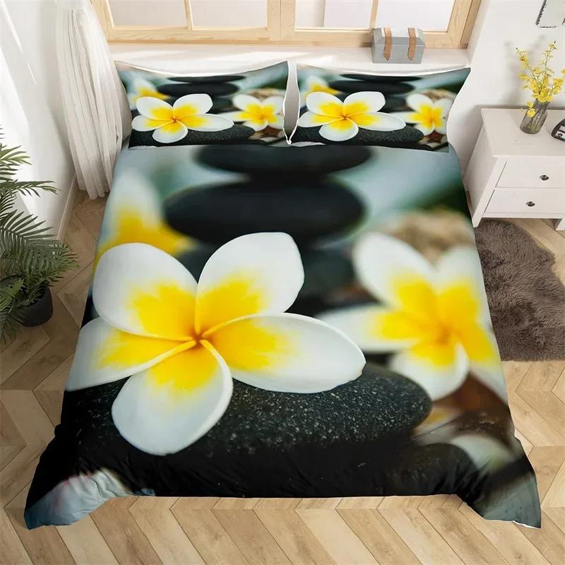 Zen Stones Duvet Cover Bamboo Phalaenopsis Bedding Set Meditation Quilt Cover Microfiber Tranquil Nature Artwork Bedspread Cover