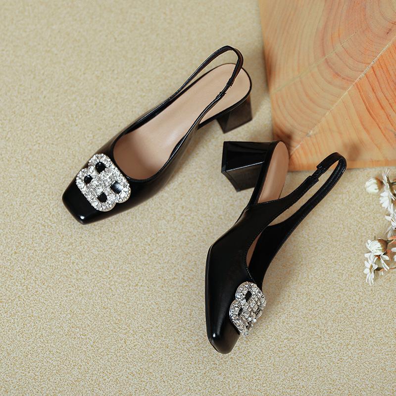 Fashion Bag Head Sandals Women's Summer 2025 New French One-word Strap High Heels Thick Heel Square Head Empty Shoes