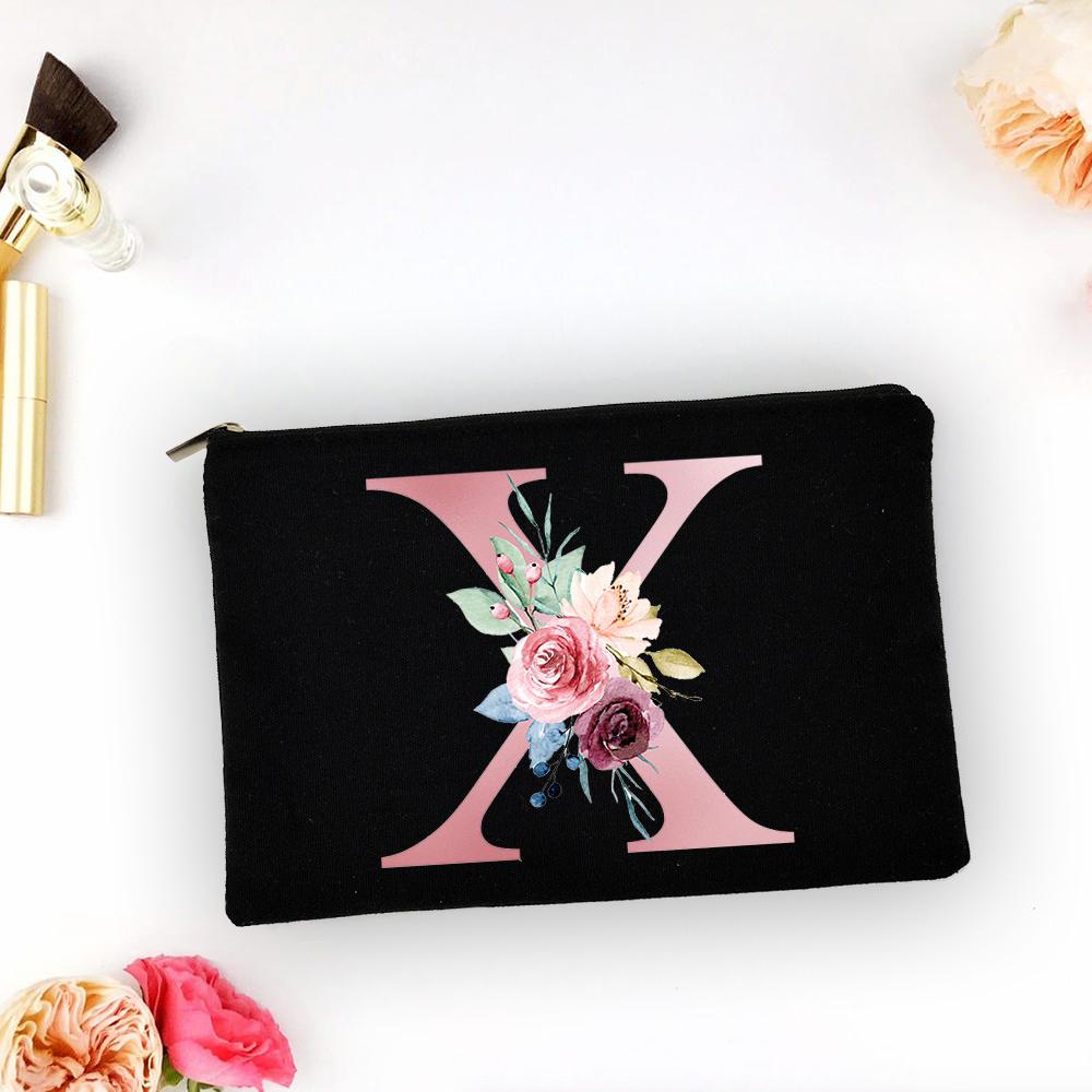 Pink Alphabet Flower A-Z Makeup Bag Make Up Pouch Women Shopping Travel Cosmetic Storage Lipstick Bags Large Capacity Organizer