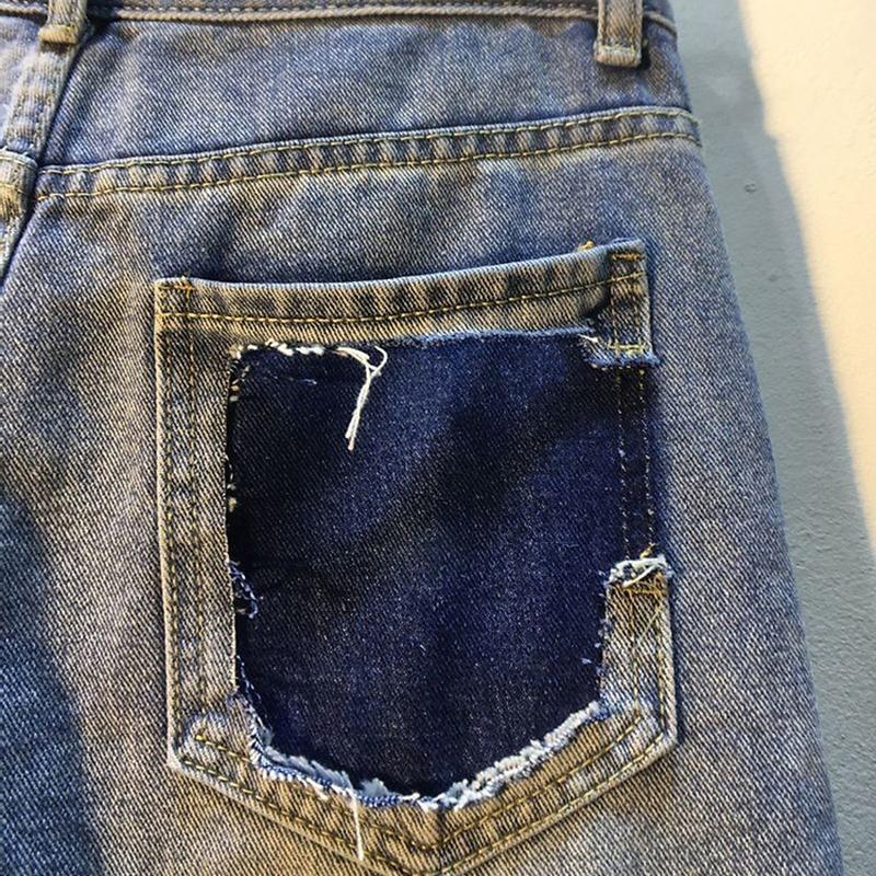 Jeans Shorts Women Summer  Short Pants High Waist Stretch Distressed Washed Diamonds Streetwear Straight Denims