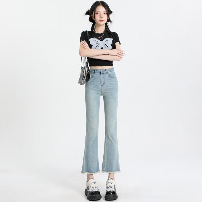 

Women s Retro Blue Denim High-Waisted Micro-Flare Pants with Raw Hem - Slimming Fit, Early Autumn 2025 Collection M