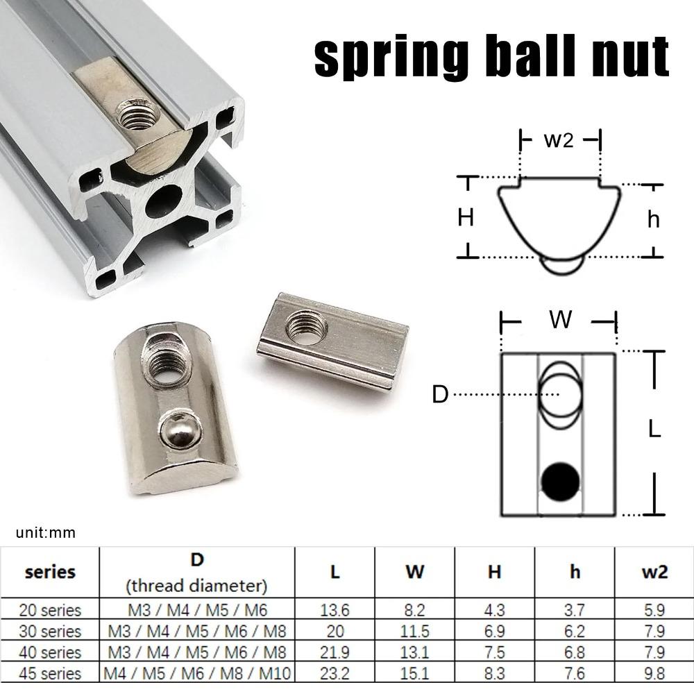 20X M3 M4 M5 M6 M8 M10 T Shape Block Sliding Nut Hammer Spring Ball for 20 30 40 45 Series Aluminum Profile Extrusion Slot Track