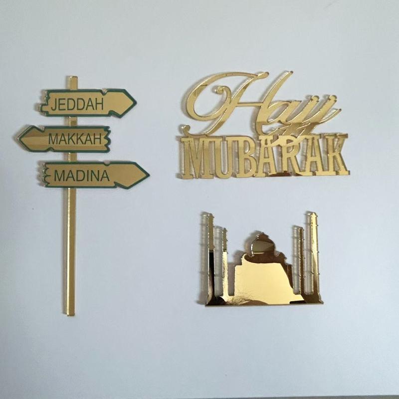 Personalisierter Umrah Mubarak Hajj Mubarak Buchstaben-Kuchenaufsatz Goldfarbenes Acryl Kuchen Dekoration Geburtstagskuchen Anhänger