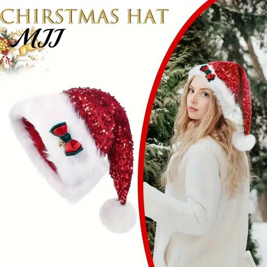 Cozy Holiday Costume Accessory Christmas Sparkly Sequins Santa Hat for Adults, Velvet Plush Glitter Bling Universal Fit Claus with Fluffy Pompom Xmas