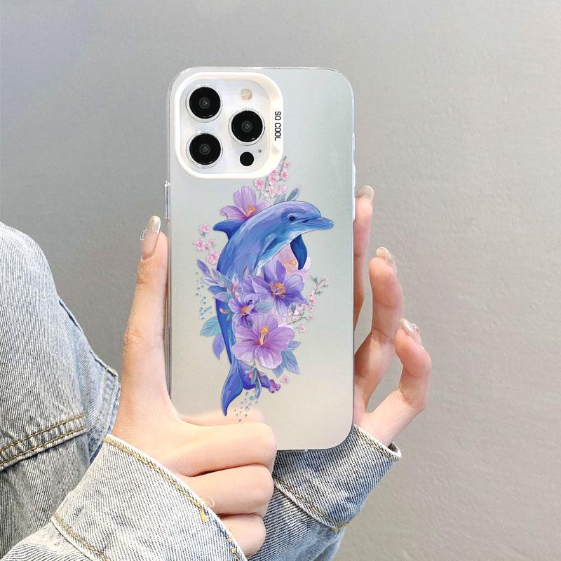 Ins Cute Animal Dolphin Flower Laser Phone Case for IPhone 17 16 Pro Max 14 15 Pro Max Plus 13 Mini 12 11 Pro Max Cartoon Shells
