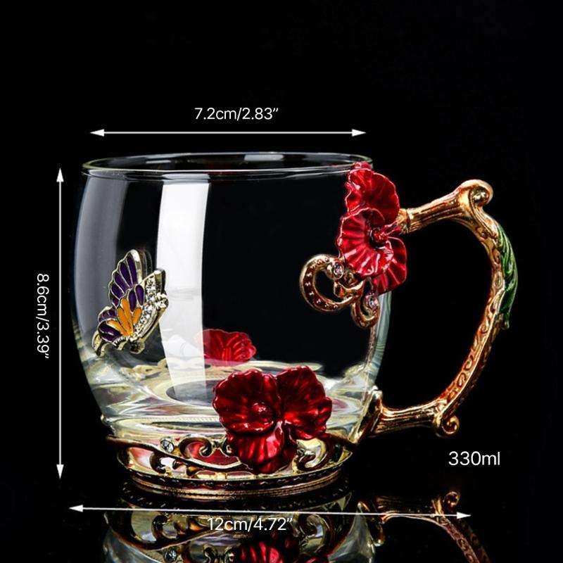 Praktisches Glas-Emaille-Tassen-Geschenkset Schmetterlinge Emaillierte Glastassen Blumen Verzierte Glas-Wasserbecher mit Löffel Dropshipping