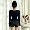 Women's Elegant V-Neck Long Sleeve Top with Pleated Front and Belt Design, Slim Fit Color Blouse