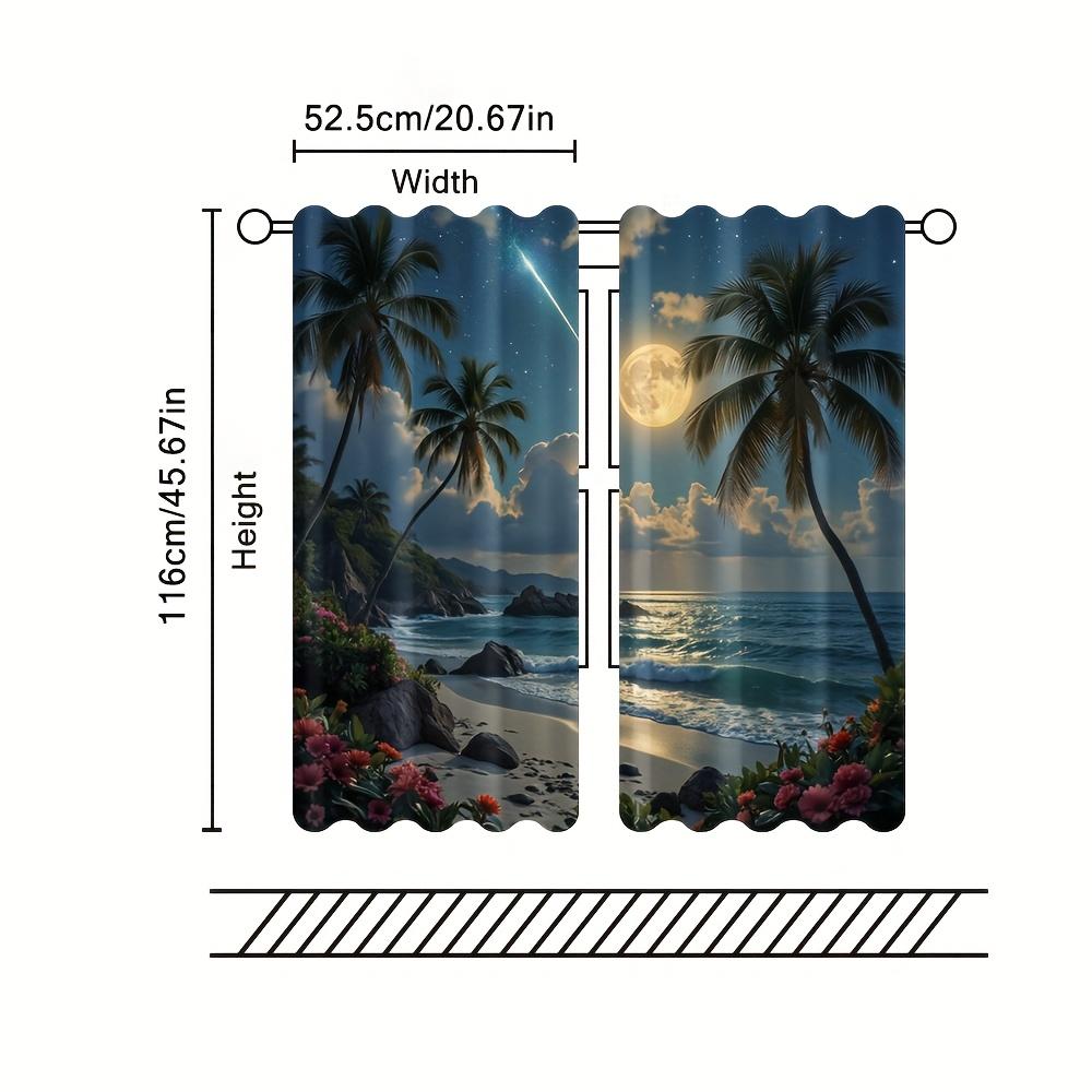 2pcs Tropical Beach Moonlit Night Scene Blackout Curtains    Polyester Knit Weave   Machine Washable   All-Season Drapes for