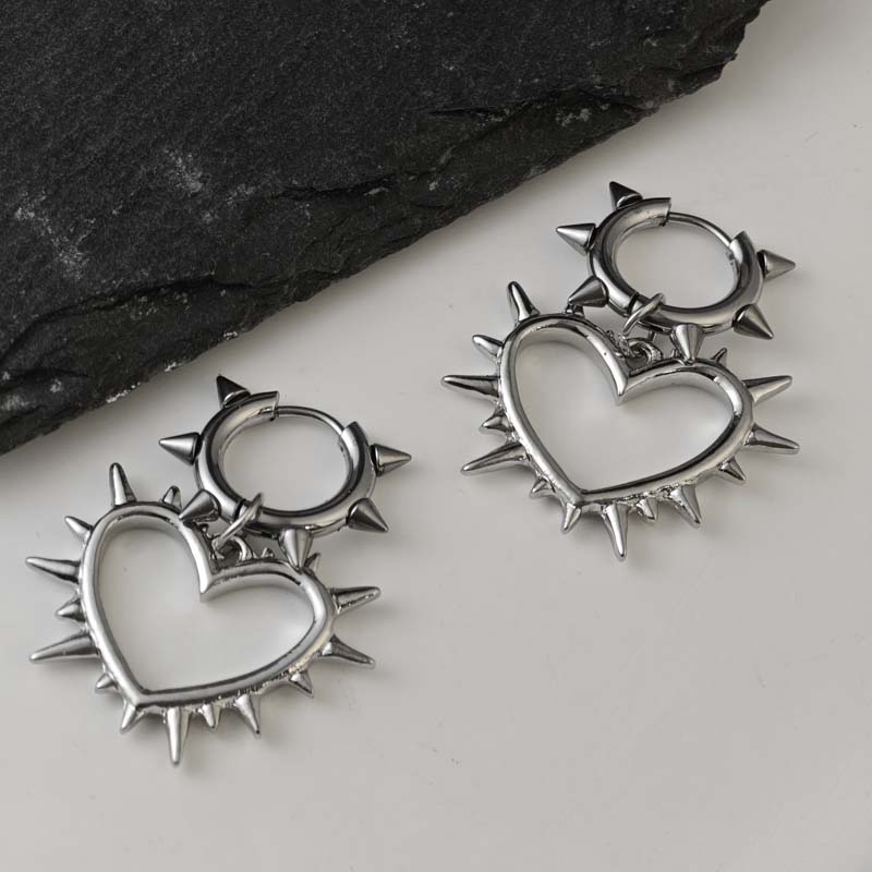 Punk Hip Hop Silber Dornen Herz Creolen für Damen Gothic Rock Kreuz Anhänger Ohrring Grunge Y2K Schmuck Geschenke