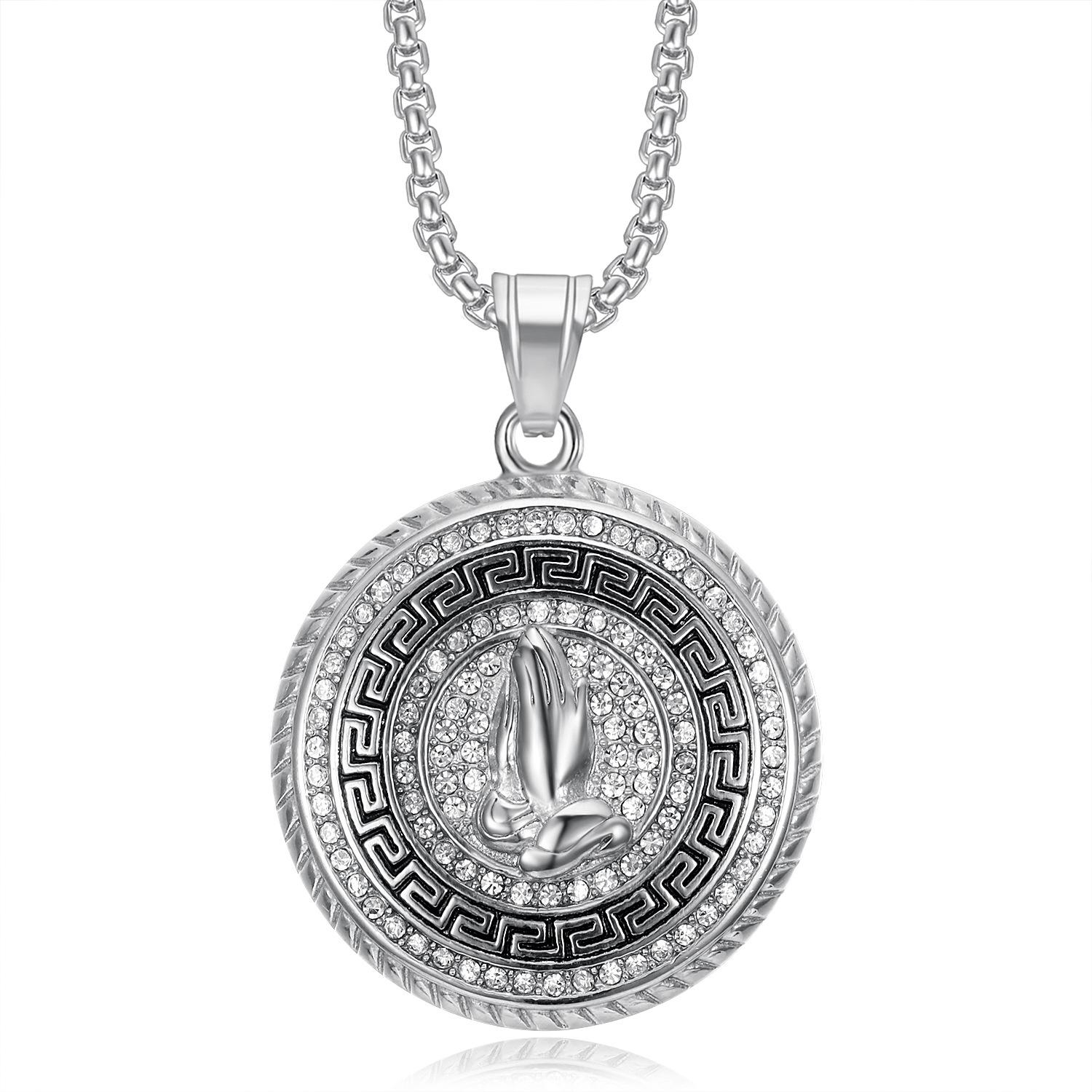 

European and American Jewelry Gold-plated Diamond Disc Prayer Hand Pendant Necklace 2026 Men s Fashion Personality Party Wear Accessories 60CM