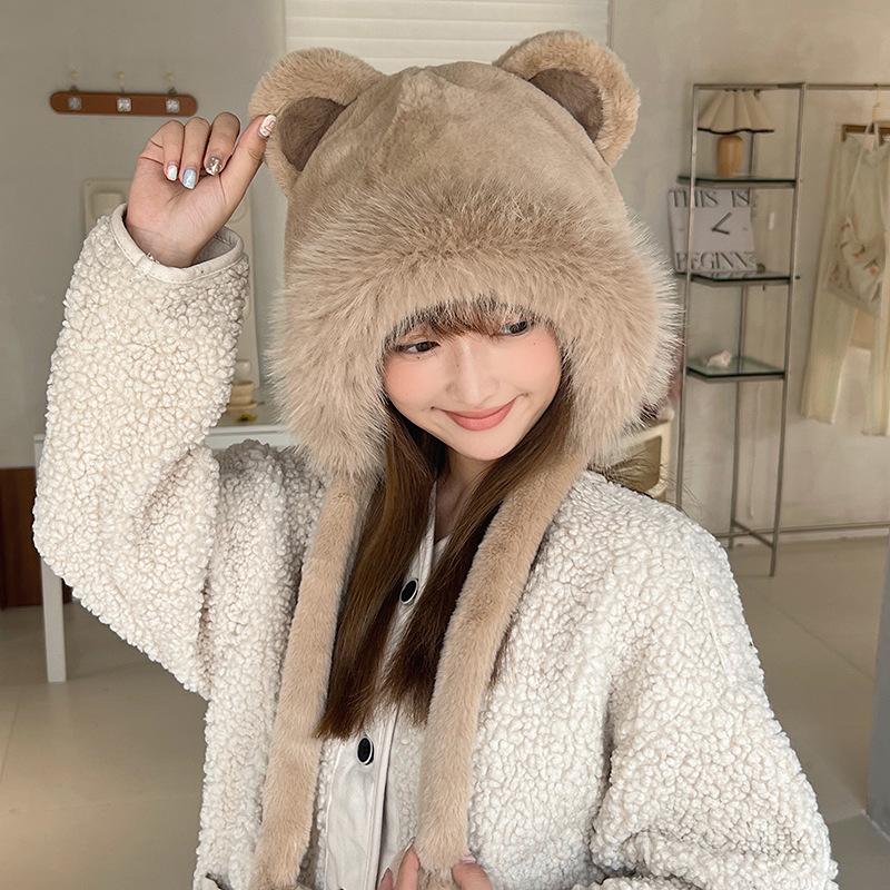 Plush Cute Bear Ear Hat for Women Autumn and Winter Korean Style Warm Ear Protection Hat Thickened Warm Headband Hood