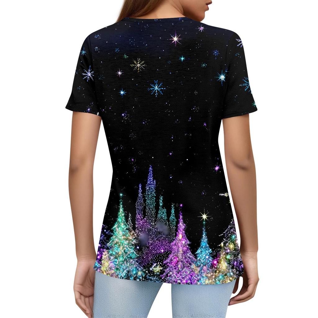Women's T Shirt Christmas Print Button Short Sleeve Daily Weekend Fashion Basic V- Neck Regular Top