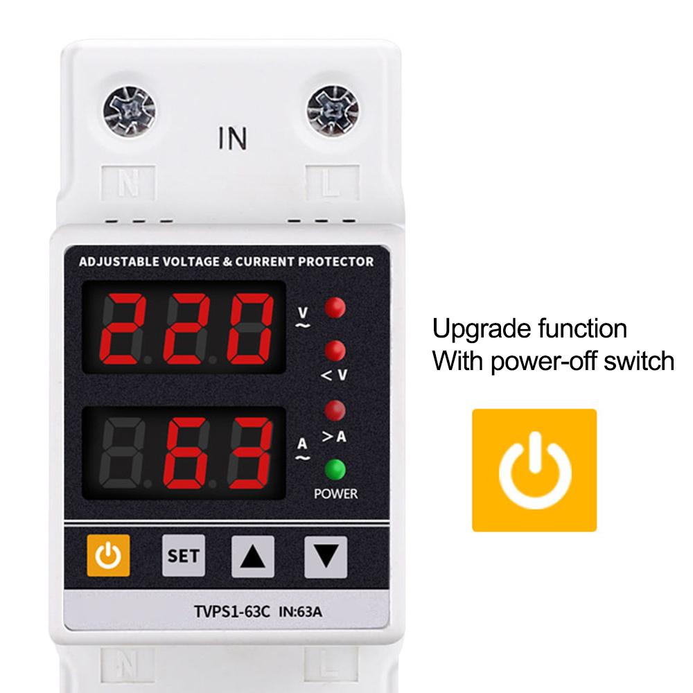 Din Rail Dual Display Adjustable Over Voltage Current And Under Voltage Protective Device Protector Relay 63A 80A 220V