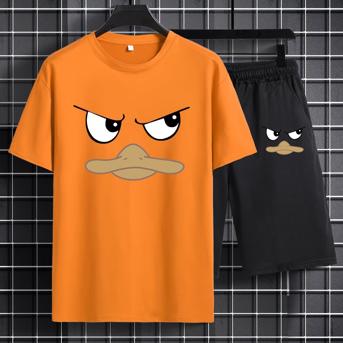 

2 шт., футболка с короткими рукавами и круглым вырезом с мультяшным принтом и шорты для бега, удобная одежда для мужчин, спортивная летняя одежда 6XL