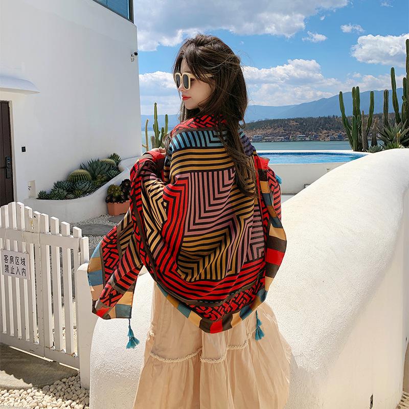 New Spring and Summer Seaside Beach Towel Cotton and Linen Ethnic Style Travel Dual-purpose Silk Scarf Sunscreen Scarf Shawl Printed Shawl