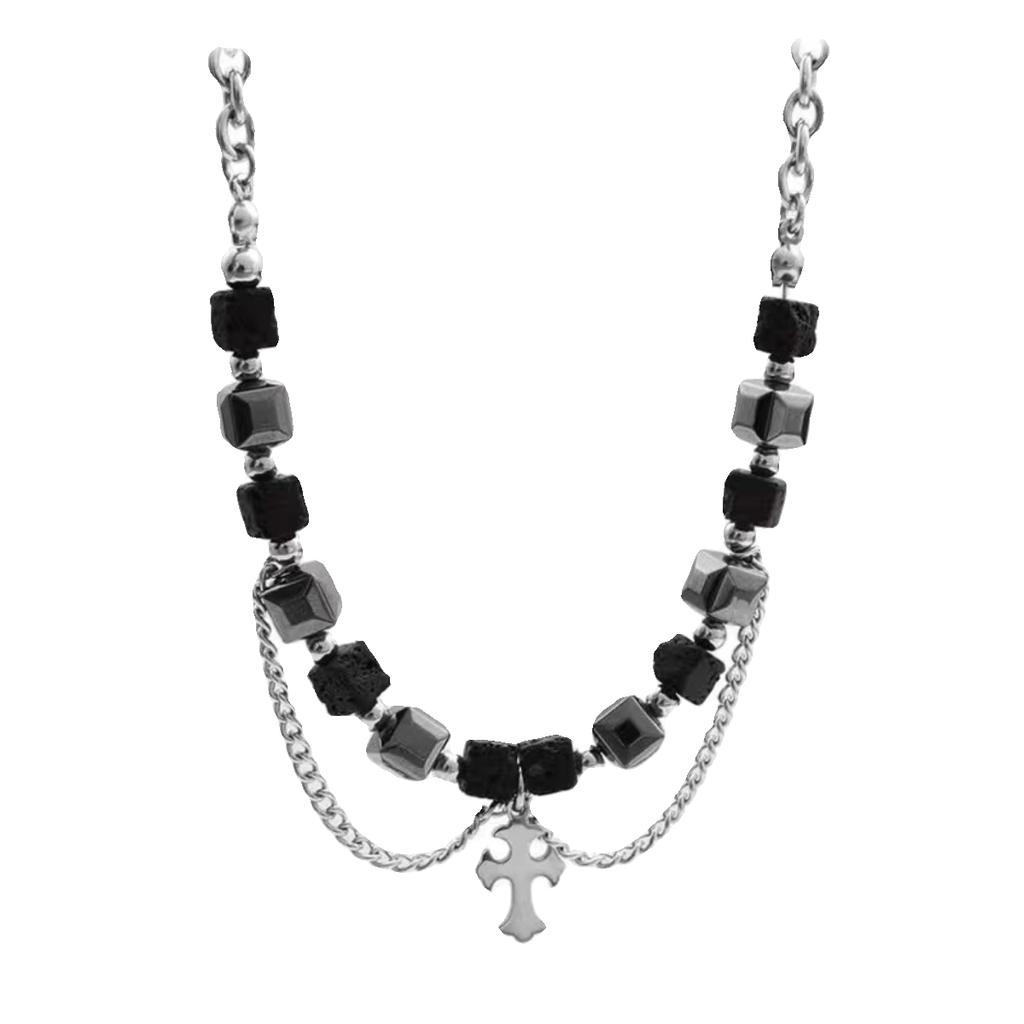 Gothic Cross Pendant Necklace Unisex Black Beaded Hip Hop Chain Trendy Retro High-grade Sense High Street Jewelry Accessories