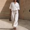 women's Pleated Stand Collar 2 Piece Set Short Sleeve Shirt Wide Leg Pants Casual Summer Outfit