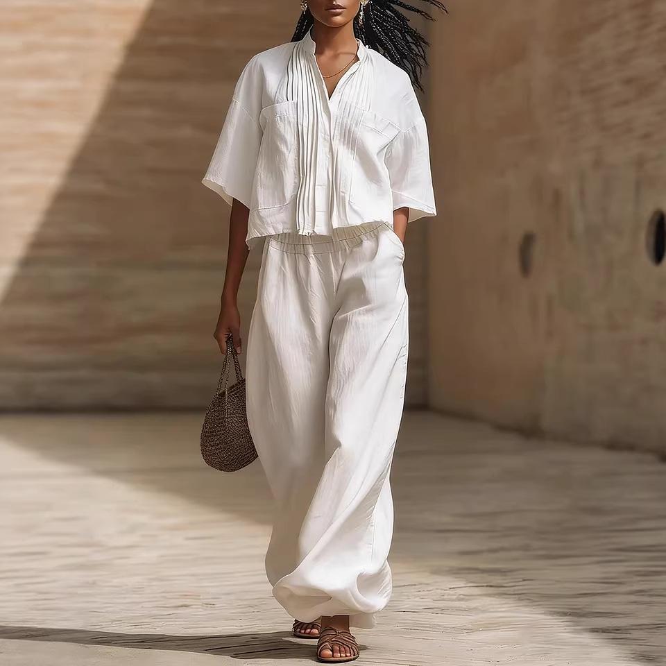women's Pleated Stand Collar 2 Piece Set Short Sleeve Shirt Wide Leg Pants Casual Summer Outfit