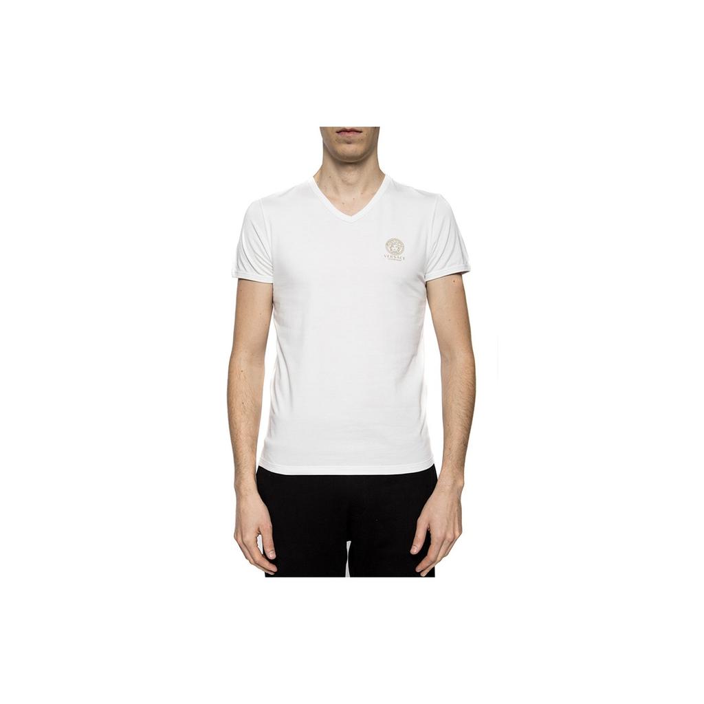 Versace Plain Logo Print V-Neck Short Sleeve T-Shirt Men Tops White AUU01004-A232741-A1001