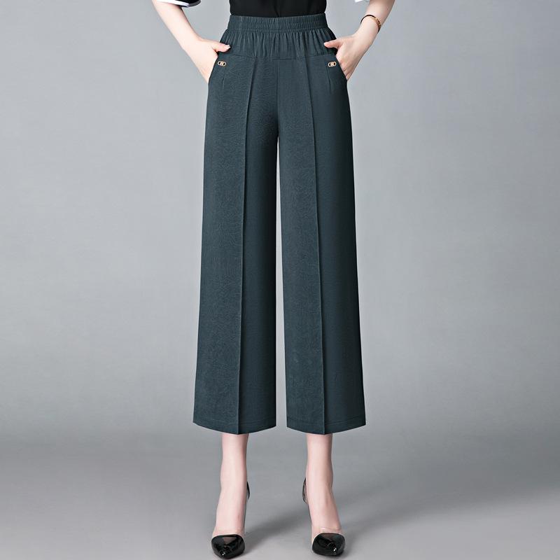 Mom's Casual Cropped Pants Straight Leg High Waist Summer Ice Silk Women's Wide Leg Pants for Middle-aged and Elderly People