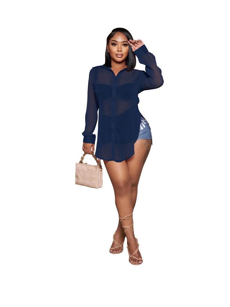 Women's Solid Color Sheer Chiffon Shirt - Sexy, Single-breasted, Long Sleeve, Loose Fit with Lapel and Split Design
