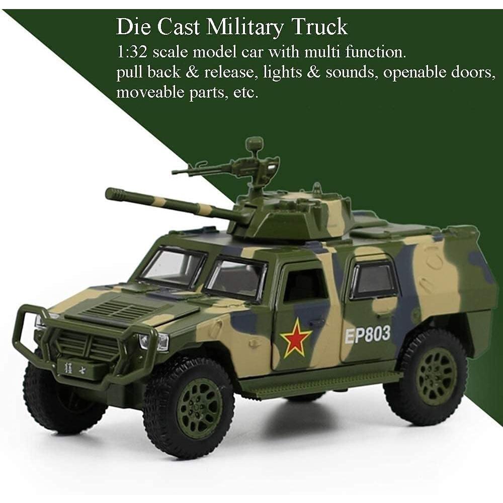 Camion de jucărie militar la scară 1/50 Tanc de luptă blindat pentru armata Vehicul de teren Trage jucării armate înapoi cu lumină și sunet