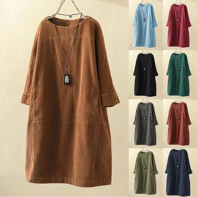 Γυναικείο μοντέρνο ρετρό φαρδύ φόρεμα με στρογγυλή λαιμόκοψη μακρυμάνικο μονόχρωμο κοτλέ