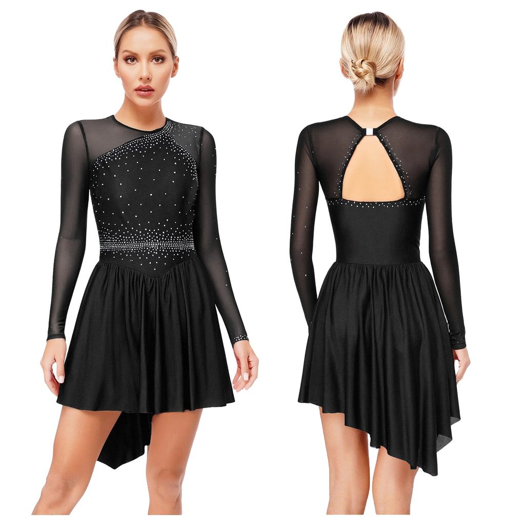 Women's Performance Dance Dress - Glitter Rhinestones Cutout Back Sheer Mesh Patchwork for Competition