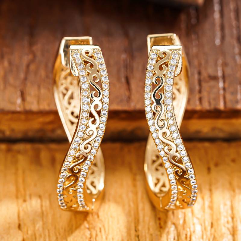 

Huitan Hollow Out Design Women Hoop Earrings Engraved Design Elegant Party Accessories Luxury Zircon Gold Color Inlaid Shiny CZ