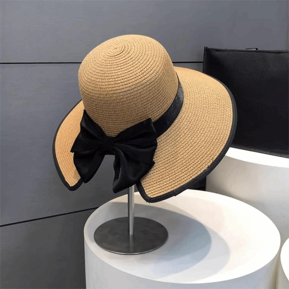 Large Bow Sunscreen Bucket Hat Fisherman Hat Bowknot Sun Cap Portable Straw Weave Sun Hat  Summer