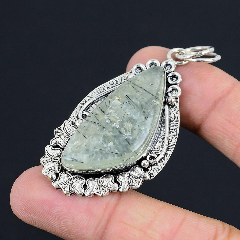 Natural Moss Prehnite Gemstone Pendant 925 Sterling Silver Jewelry For Girls