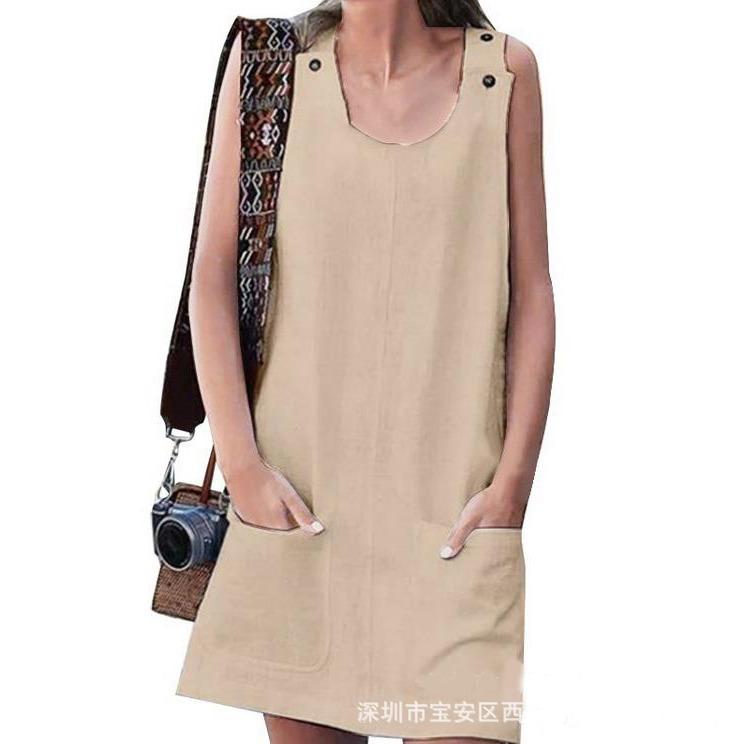 Tuta-vestito estiva da donna con tasche e bottoni in cotone e lino