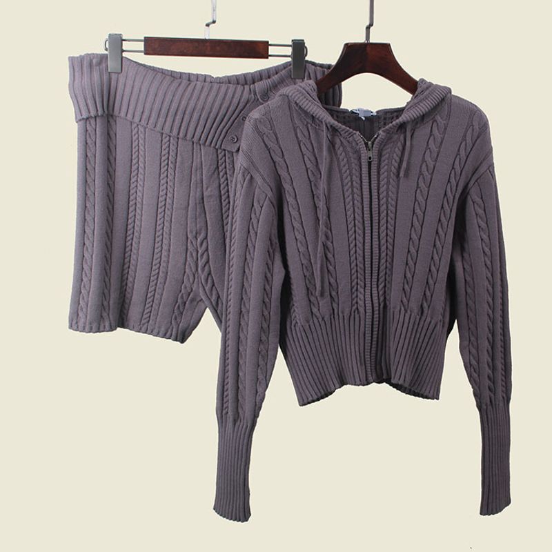 

American Sexy Front Zipper Slim Fit Hooded Knitwear Export Cable Stitch Twisted String Hip Shorts Two-piece Set Pack Grey Suit 3XL