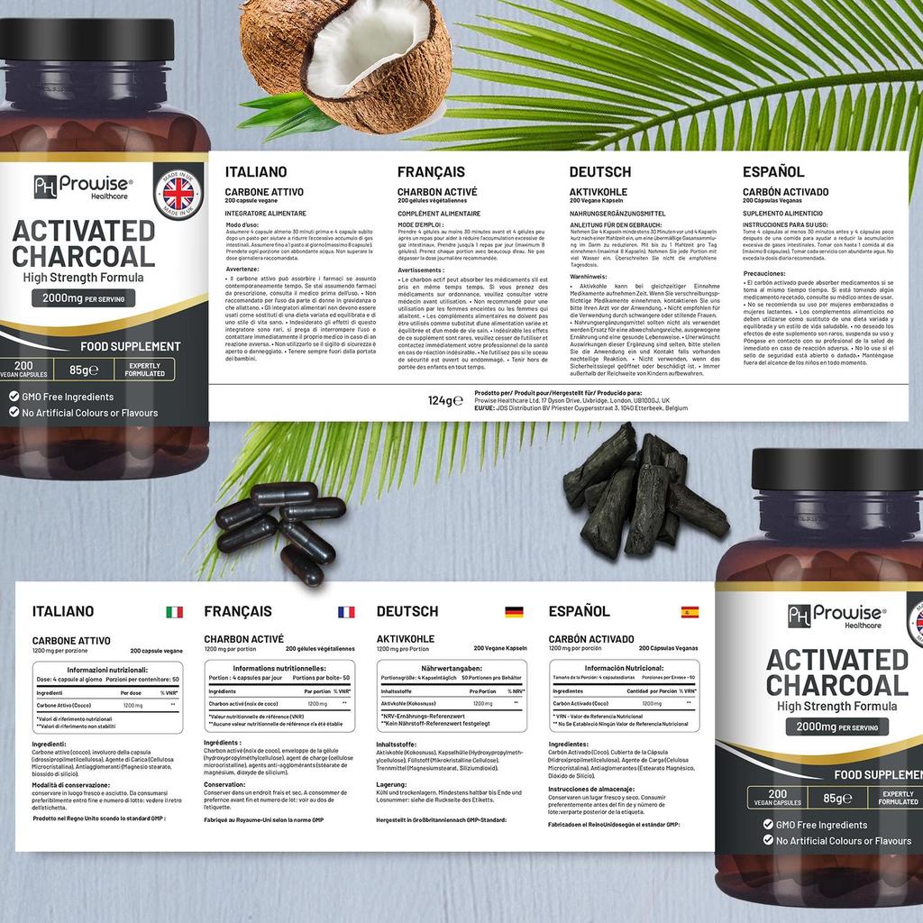 Activated Charcoal Capsules - 200 High Strength Vegan Capsules- 2000mg Per Serving I Made In the UK by Prowise Healthcare