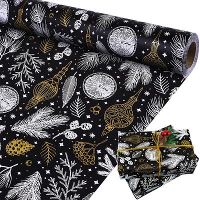 1 rouleau de papier cadeau kraft gaufré (17"×118") – Branches de pin de Noël et pommes de pin, floral doré et blanc pour les fêtes et les soirées
