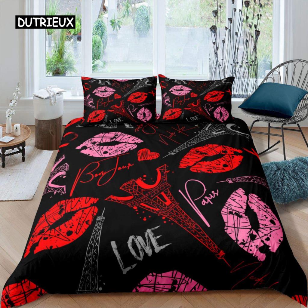 Lip Duvet Cover Pink and Gray Lips Kissing Pattern Comforter Cover Sexy Theme King Size Twin Bedding Set for Women Girls Lovers