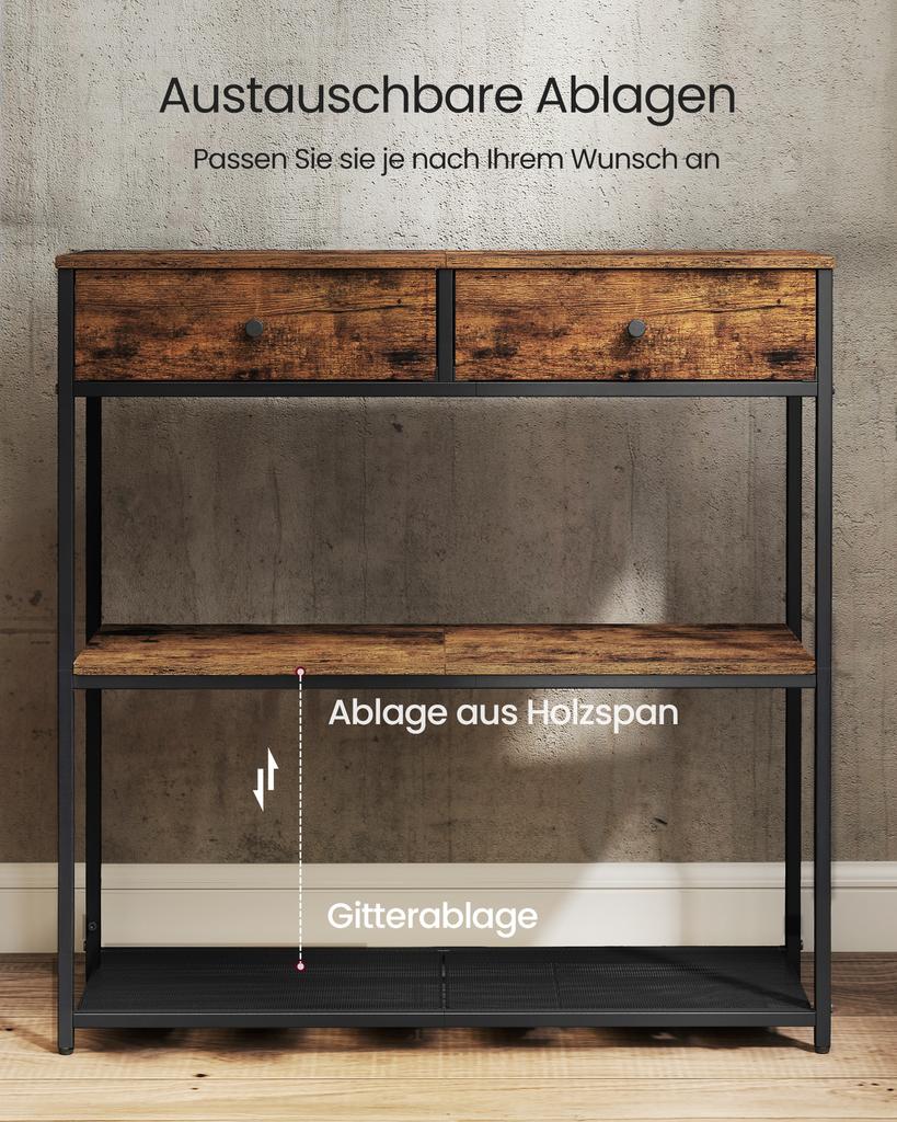 VASAGLE Narrow Console Table with 2 Fabric Drawers, 3-Tier Entryway Sofa Table, 24 x 76 x 80 cm, for Hallway, Living Room, Rustic Brown and Ink Black