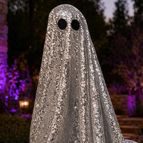 Dekoracja Duch na Halloween, Błyszcząca Figurka Ducha Zewnętrzna z Materiału z cekinami, Świecący Upiorny Duch na Imprezy Halloweenowe, Trawnik Zewnętrzny, Dekoracja Werandy